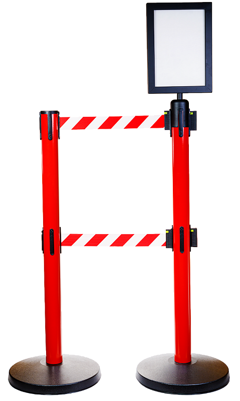 Две имидж-стойки BarrierBelt® 511R с красно-белой лентой и черной рамкой А4